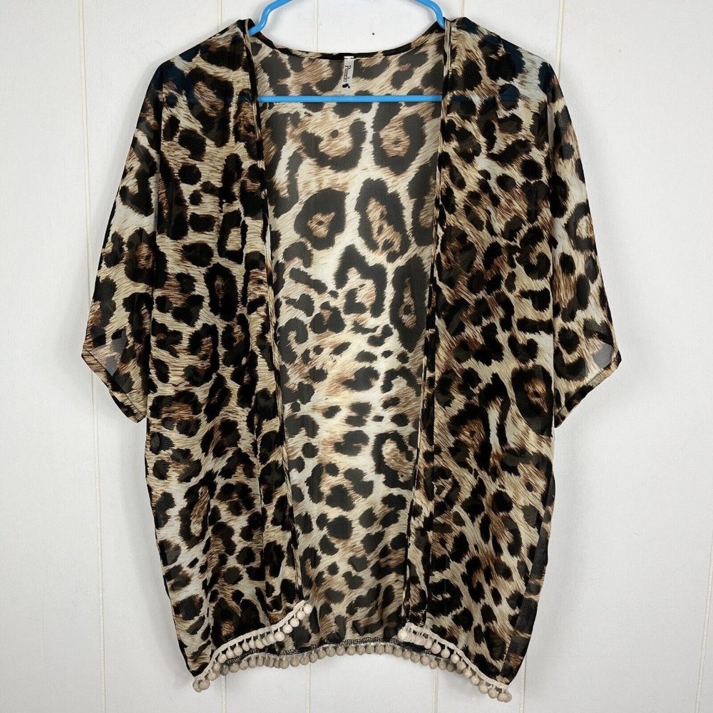 Pomelo Women Sheer Open Cardigan Large Animal Print Short Sleeve PomPom Light